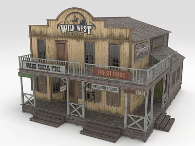 Wild West Style Wooden Storefront Building With Balcony Fresh Fruit And Restaurant Signs 3d model
