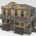 Wild West Style Wooden Storefront Building With Balcony Fresh Fruit And Restaurant Signs