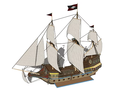 Classic Sailing Ship With Unfurled White Sails Tall Masts Flying Flags And Wooden Deck 3d model