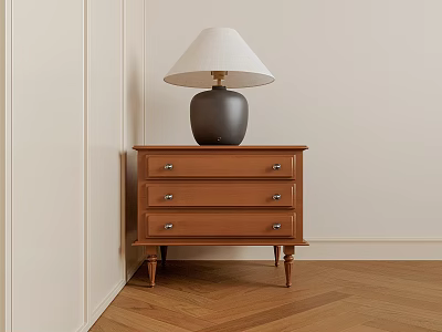 Wooden Bedside Table With Three Drawers And Black Base White Shade Lamp On Herringbone Floor 3d model