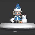 Cute Christmas Girl Doll In Blue Coat With Santa Hat And Snowman On Snowy Platform