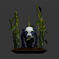Panda Sculpture Surrounded by Green Bamboo Stalks and Leaves on Wooden Base