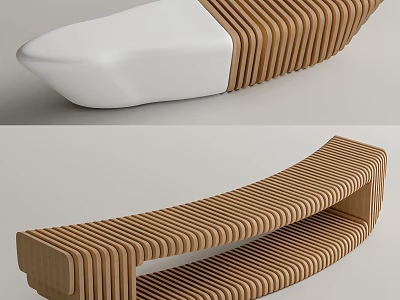 Modern Public Bench With Curved Wooden Slats And White Seat Design 3d model