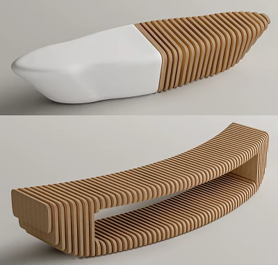 Modern Public Bench With Curved Wooden Slats And White Seat Design 3d model