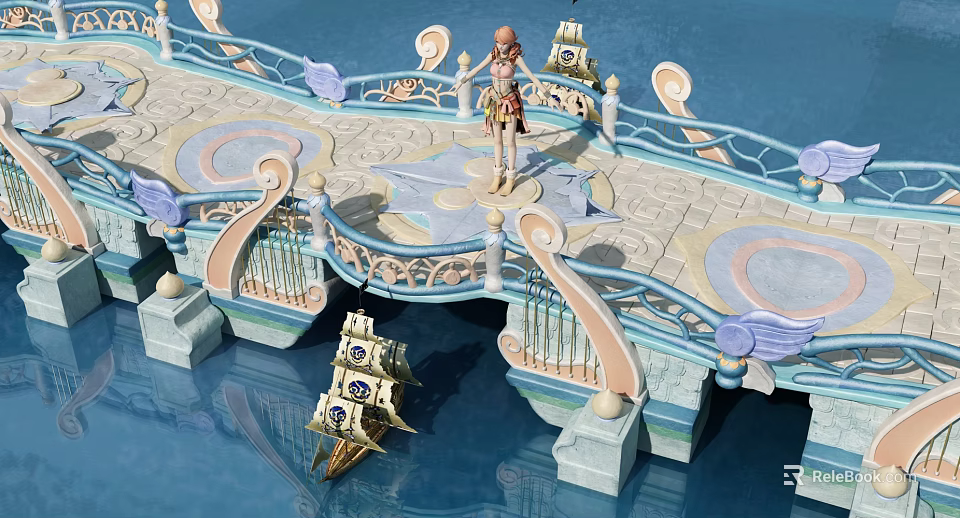 Cartoon Scene Featuring Decorative Bridge Ornate Railings Character And Small Boat On Water 3d model 