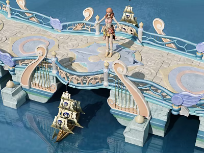 Cartoon Scene Featuring Decorative Bridge Ornate Railings Character And Small Boat On Water 3d model