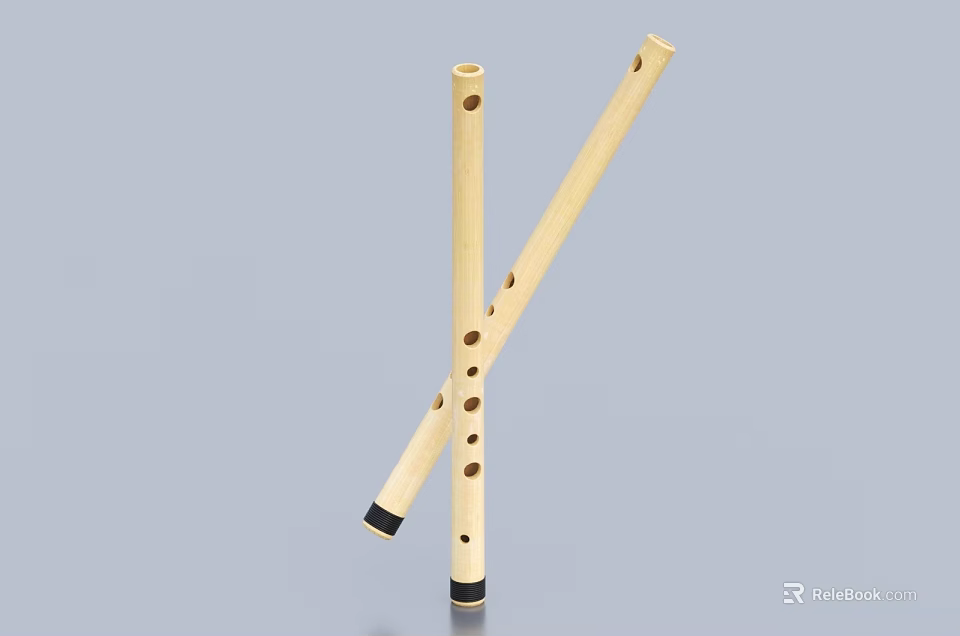 Two Crossed Wooden Flutes with Holes and Black End Parts as Musical Instruments 3d model 