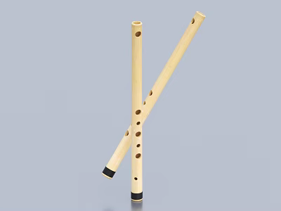 Two Crossed Wooden Flutes with Holes and Black End Parts as Musical Instruments 3d model