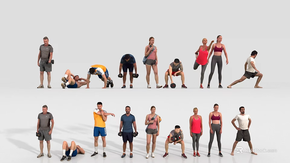Group of People Performing Various Fitness Exercises and Workout Poses Together 3d model 