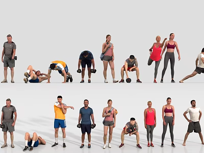 Group of People Performing Various Fitness Exercises and Workout Poses Together 3d model