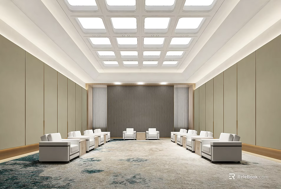 Hotel Public Lounge Area With White Sofas Neatly Arranged In Spacious Light Colored Walls 3d model 
