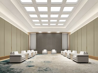 Hotel Public Lounge Area With White Sofas Neatly Arranged In Spacious Light Colored Walls 3d model