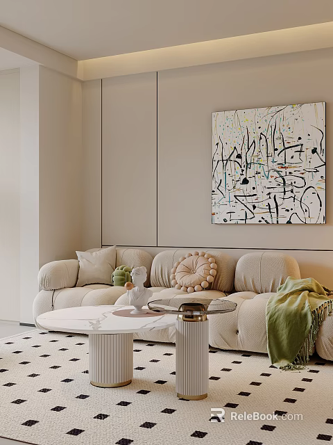 Modern Cream Toned Living And Dining Room With Plush Sofa And Beautiful Abstract Wall Art 3d model 