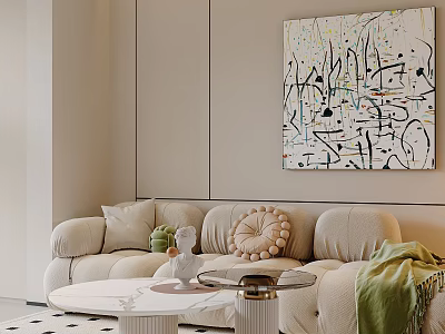 Modern Cream Toned Living And Dining Room With Plush Sofa And Beautiful Abstract Wall Art 3d model