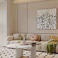 Modern Cream Toned Living And Dining Room With Plush Sofa And Beautiful Abstract Wall Art