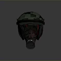 Green Protective Helmet With Transparent Visor Red Stains And Silver Filter