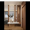 Modern Entryway Hallway Interior Design With Wooden Partition Vertical Blinds Green Plant And Marble Countertop