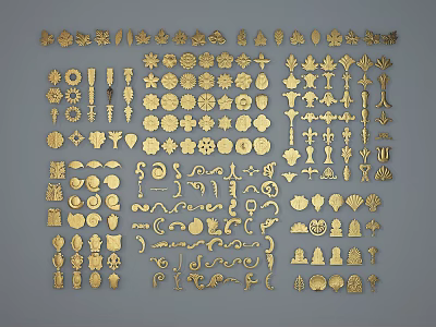 Carved Gold Decorative Elements Featuring Various Floral Leaf And Geometric Shapes 3d model