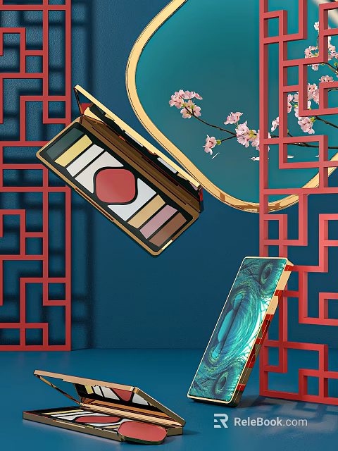 Chinese Style Cosmetics Cherry Blossoms Golden Eyeshadow Palette Heart Pattern Blue Case 3d model 