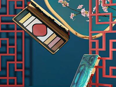 Chinese Style Cosmetics Cherry Blossoms Golden Eyeshadow Palette Heart Pattern Blue Case 3d model