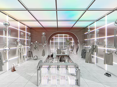 Modern Clothing Store Interior With Open Layout And Clothing Display Racks 3d model