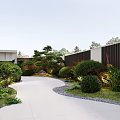 Serene Garden Landscape With Winding Path Green Bushes And Tall Pine Trees