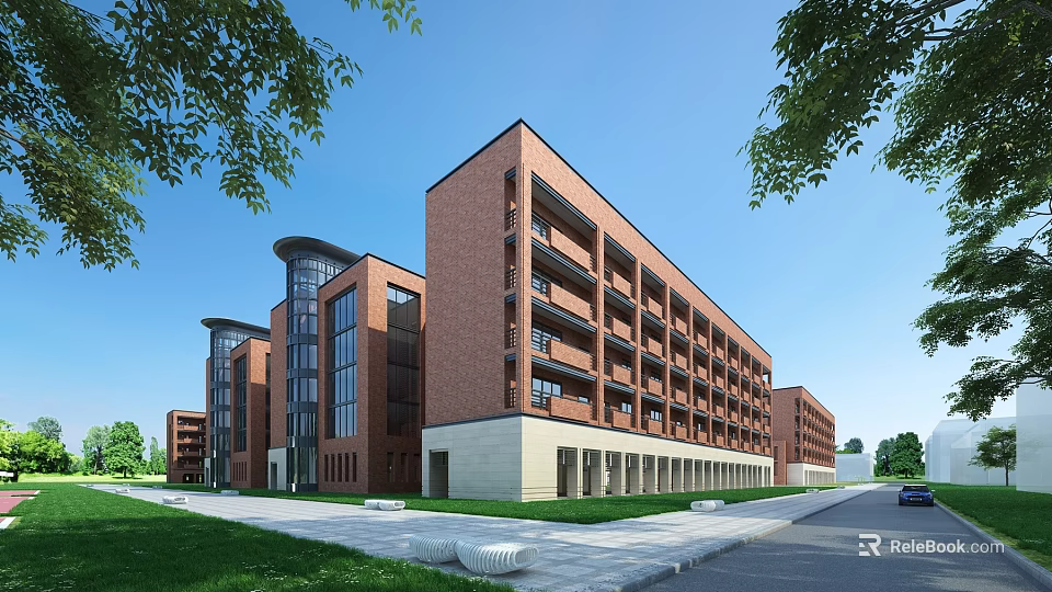 Modern Red Brick Multi Storey School Building With Green Lawn And Trees 3d model 