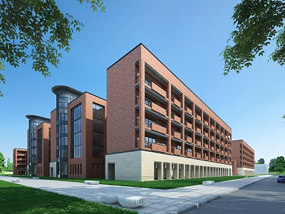 Modern Red Brick Multi Storey School Building With Green Lawn And Trees 3d model