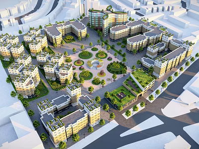 Modern Residential Complex With Multiple Buildings Central Circular Garden And Greenery 3d model