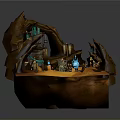 Fantasy Cave Scene with Rock Formations Blue Glowing Lights Green Fabric Ladders and Wooden Barrels