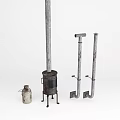 Metal Stove with Tall Chimney Pipe Stand and Small Container on White Background