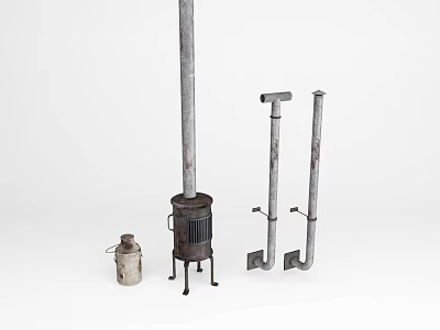 Metal Stove with Tall Chimney Pipe Stand and Small Container on White Background 3d model