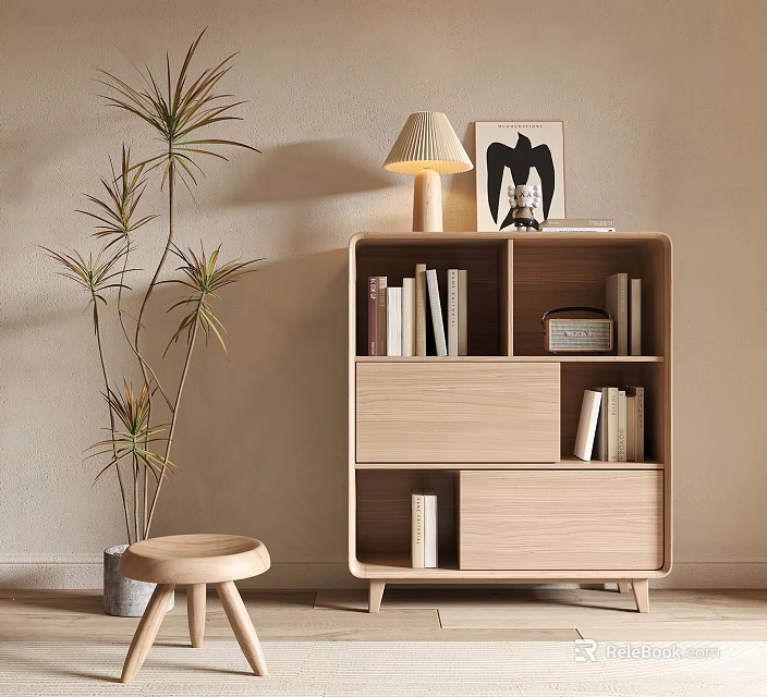 Modern Wooden Bookcase With Open Shelves Storage Compartments Stool And Potted Plant 3d model 