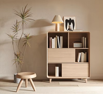 Modern Wooden Bookcase With Open Shelves Storage Compartments Stool And Potted Plant 3d model