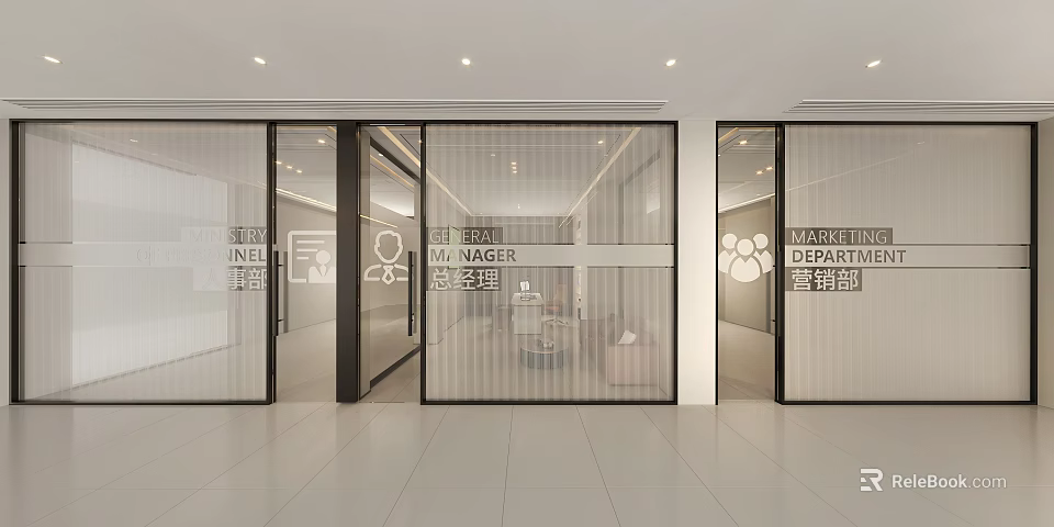 Modern Office Interior Design With Glass Doors Manager Signs And Department Areas 3d model 