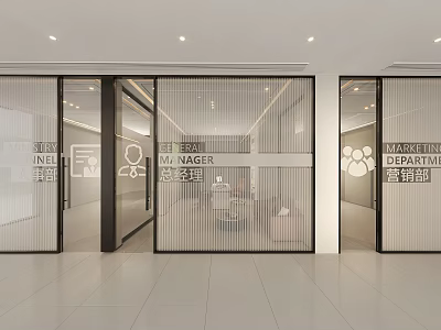 Modern Office Interior Design With Glass Doors Manager Signs And Department Areas 3d model