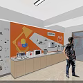 Modern Retail Store Interior With Orange Wall Product Display Counter And Standing Man