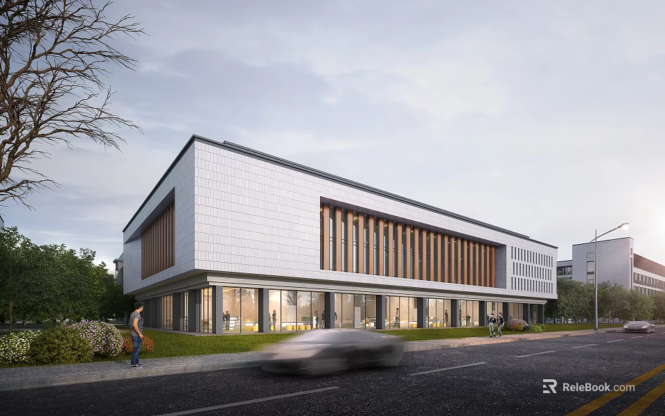 Modern Building Featuring White Exterior Wooden Grilles Glass Curtain Wall Roadside Pedestrians And Vehicles 3d model 