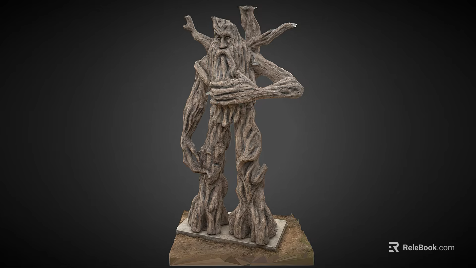 Mythical Tree Creature Character Wooden Sculpture With Branch Arms And Root Legs 3d model 