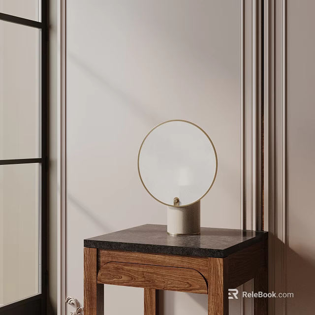 Modern Round Lampshade Table Lamp With White Cylindrical Base On Wooden Cabinet Black Marble Top 3d model 