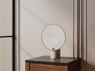 Modern Round Lampshade Table Lamp With White Cylindrical Base On Wooden Cabinet Black Marble Top 3d model