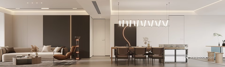 Modern Dining And Living Room Interior With Pendant Lights Dining Table Chairs And Decorative Artwork 3d model 