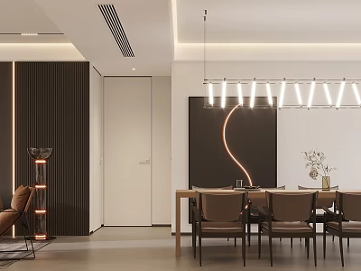 Modern Dining And Living Room Interior With Pendant Lights Dining Table Chairs And Decorative Artwork 3d model