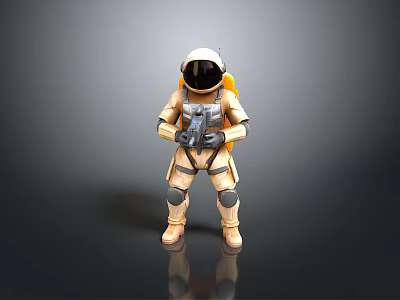 Astronaut In Spacesuit Holding Weapon Like Device On Gray Background With Reflective Ground 3d model