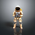 Astronaut In Spacesuit Holding Weapon Like Device On Gray Background With Reflective Ground