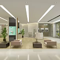 Modern Bank Interior Design With Lobby Comfortable Sofa Green Plants Digital Screen And Counter