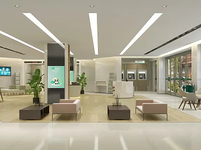 Modern Bank Interior Design With Lobby Comfortable Sofa Green Plants Digital Screen And Counter 3d model