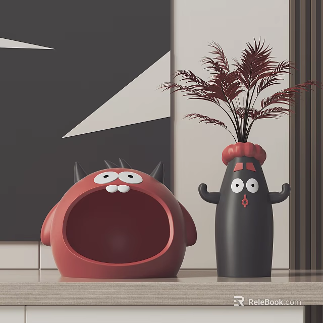 Artistic Sculptures Red Open Mouthed And Black Standing Figures With Potted Plant For Modern Interior 3d model 