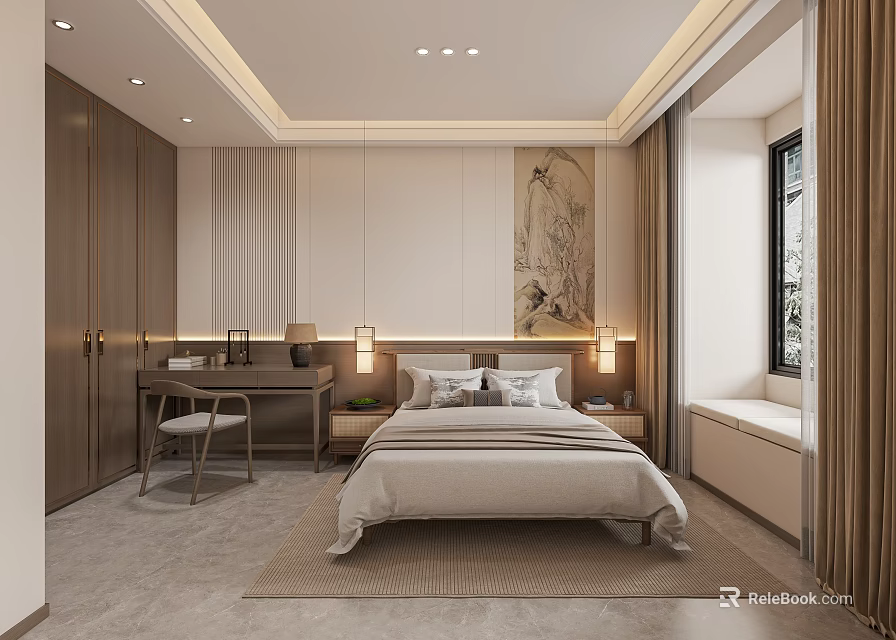 Modern Bedroom Interior Design With Bedside Table Table Lamp Writing Desk And Curtains 3d model 