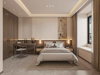 Modern Bedroom Interior Design With Bedside Table Table Lamp Writing Desk And Curtains 3d model